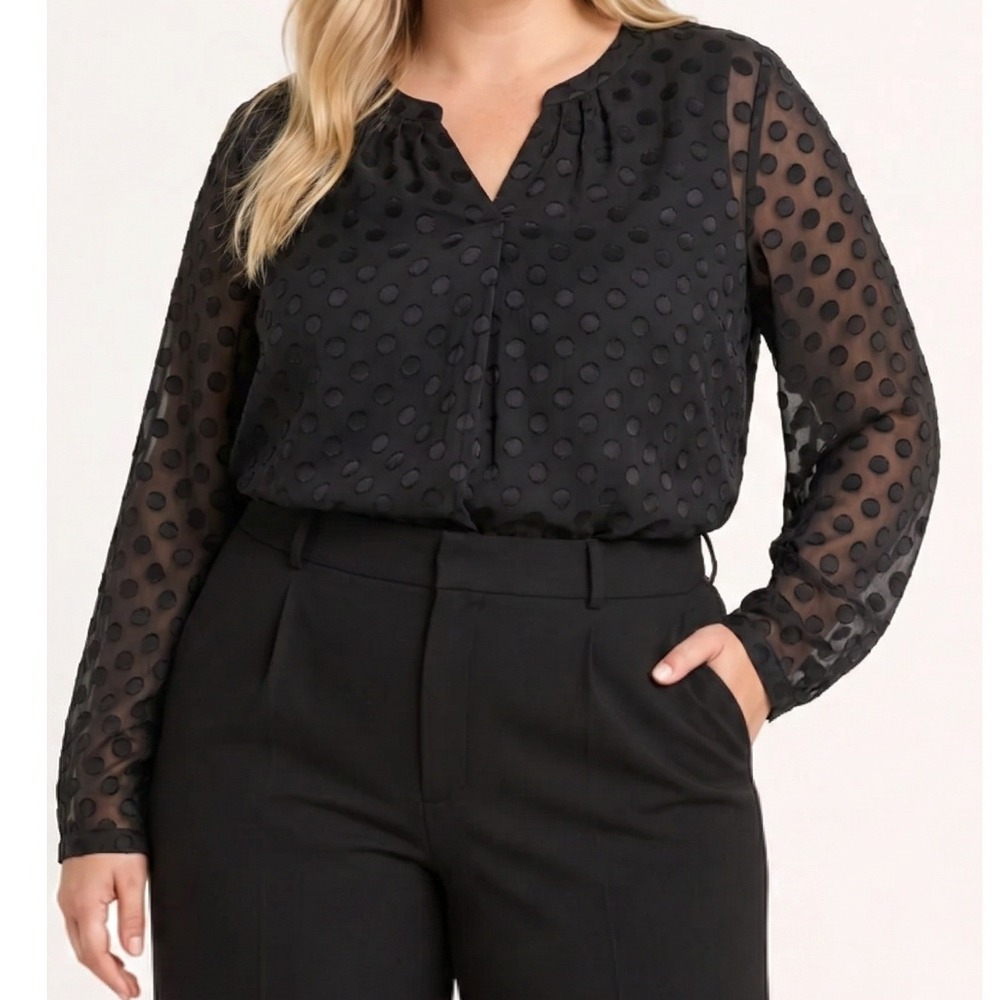 Talbots Black Polka Dot Texture Blouse Plus Size 1X Sheer Long Sleeve Split Neck